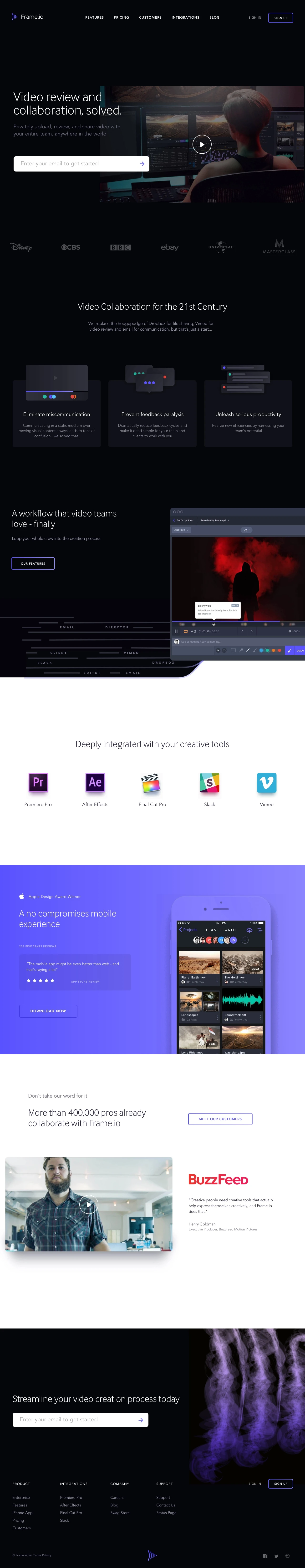 Frame.io Landing Page Example: Privately upload, review, and share video with your entire team, anywhere in the world.