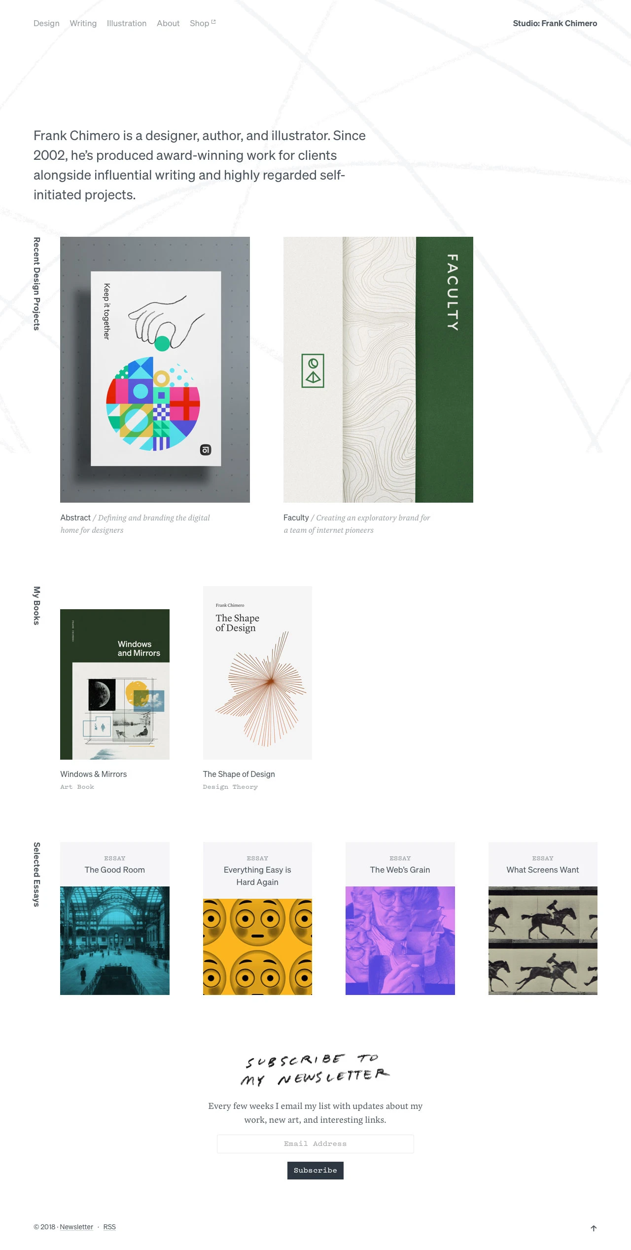 Frank Chimero Landing Page Example: Frank Chimero is a designer, author, and illustrator. Since 2002, he’s produced award-winning work for clients alongside influential writing and highly regarded self-initiated projects.