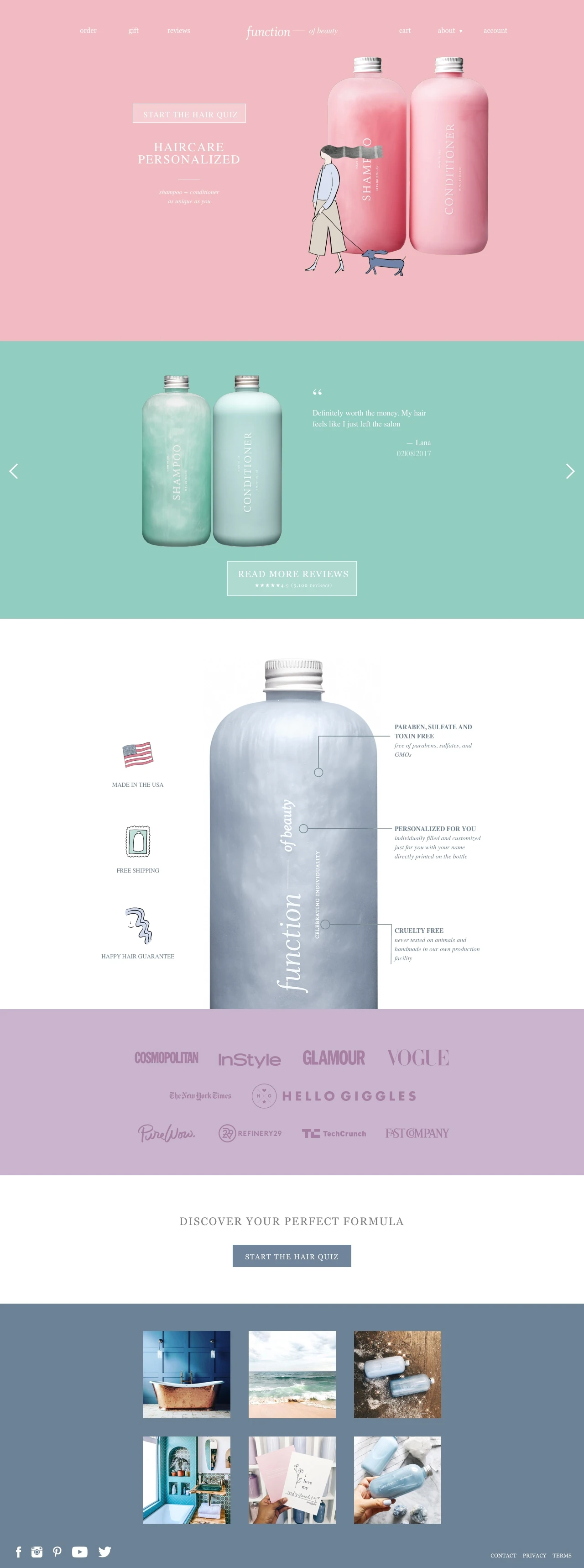 Function of Beauty Landing Page Example: Function of Beauty was founded by MIT engineers and industry leading chemists to develop personalized hair care products. Customers simply complete their hair profile and enter their hair goals before our algorithm develops a unique formula tailored to their needs.a