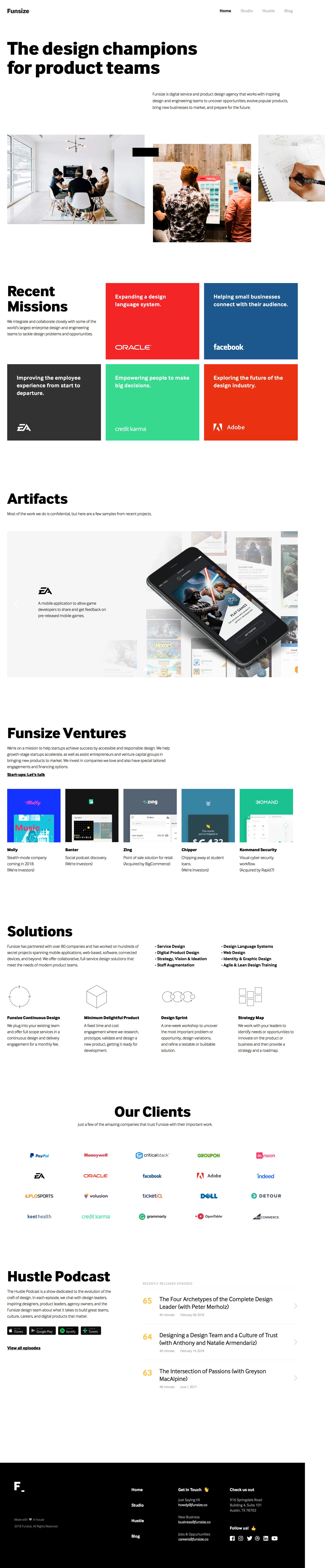 Funsize Landing Page Example: Funsize is a digital service and product design agency that works with inspiring design and engineering teams to uncover opportunities, evolve popular products, bring new businesses to market, and prepare for the future.