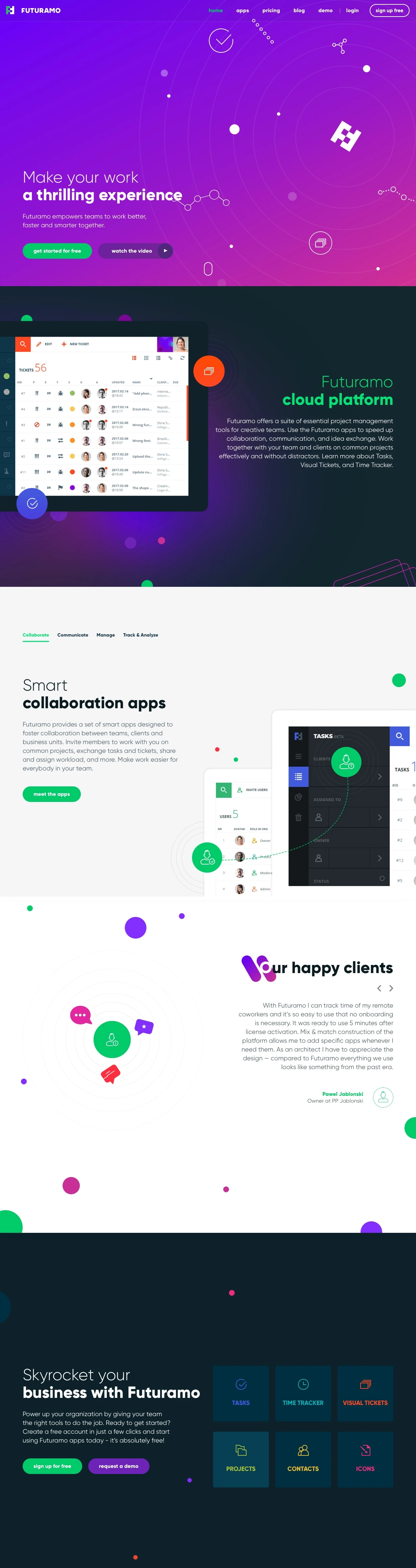 Futuramo Landing Page Example: Futuramo empowers teams to work better together. Mix and match the apps to build your own, thriving workplace.