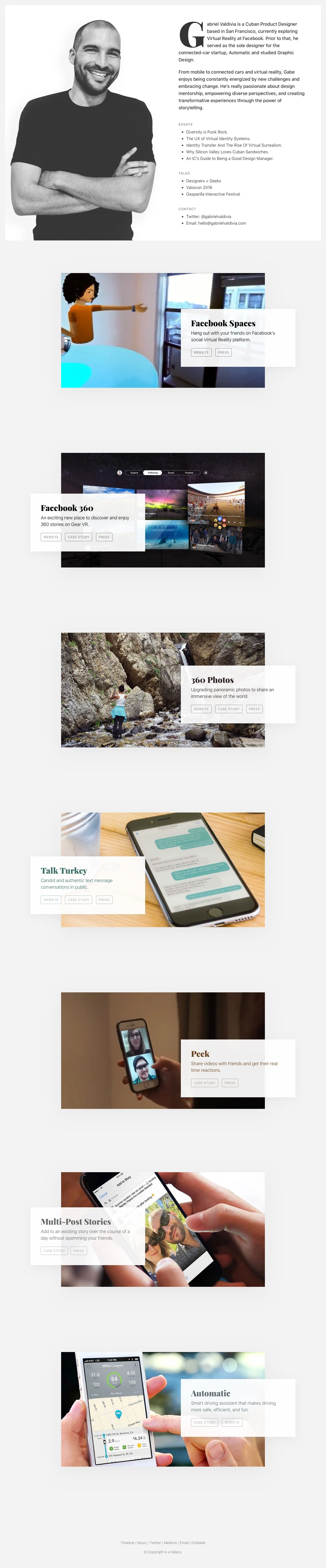 Gabriel Valdivia Landing Page Example: Gabe is a Cuban Product Designer, based in San Francisco, exploring Virtual Reality.