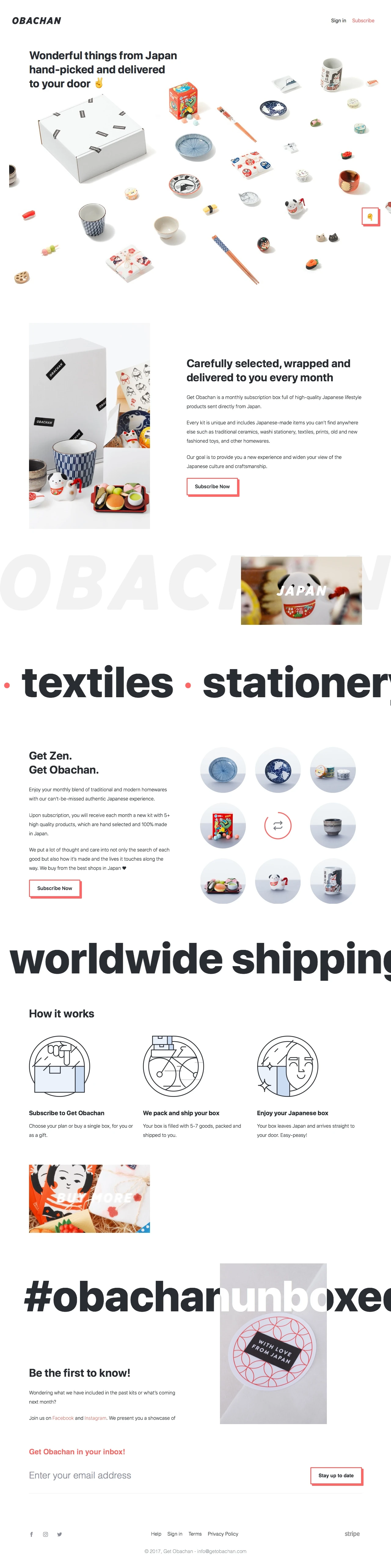 Obachan Landing Page Example: Wonderful things from Japan hand-picked and delivered to your door ✌️