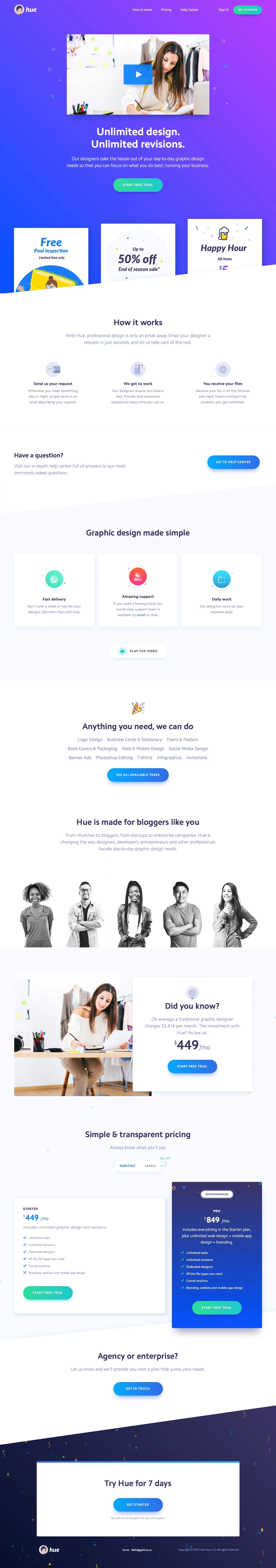Hue Landing Page Example: With Hue, you get unlimited graphic design help, plus unlimited revisions, all for one low monthly cost.