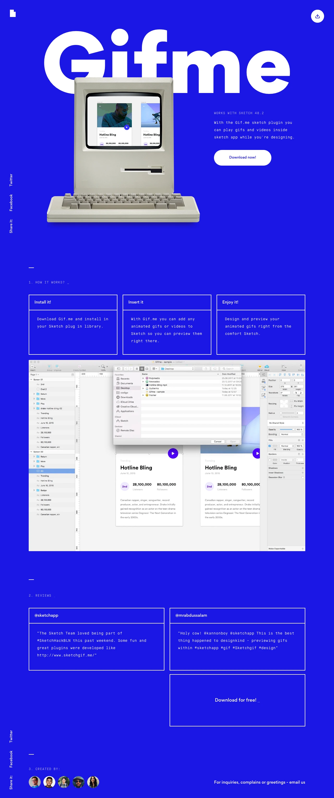 Gifme Landing Page Example: With the Gif.me sketch plugin you can play gifs and videos inside sketch app while you're designing.