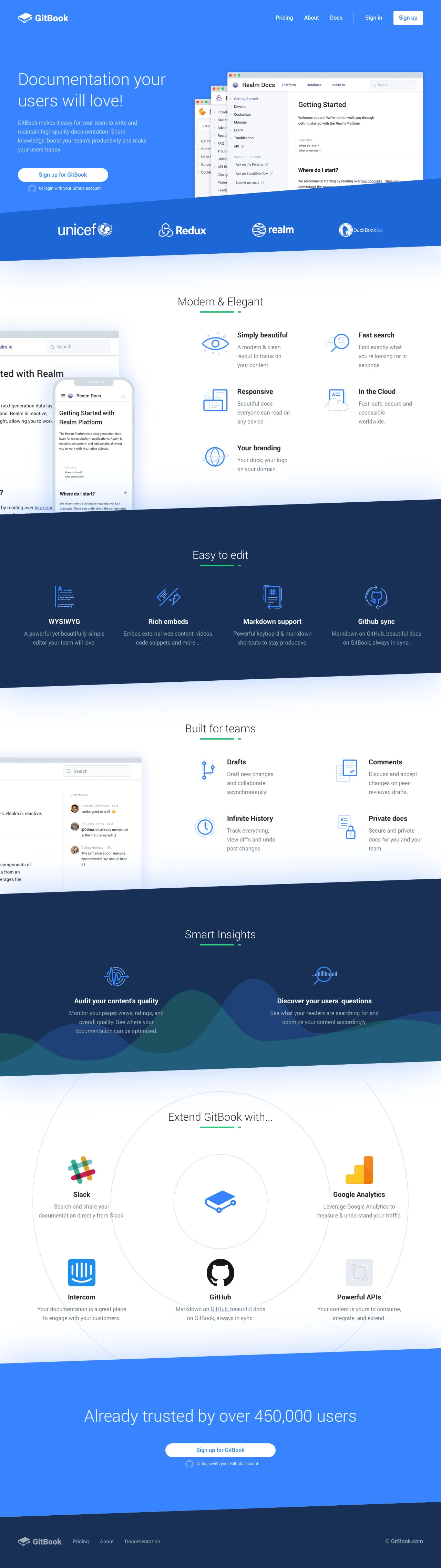 GitBook Landing Page Example: GitBook makes it easy for your team to write and maintain high-quality documentation. Share knowledge, boost your team's productivity and make your users happy.