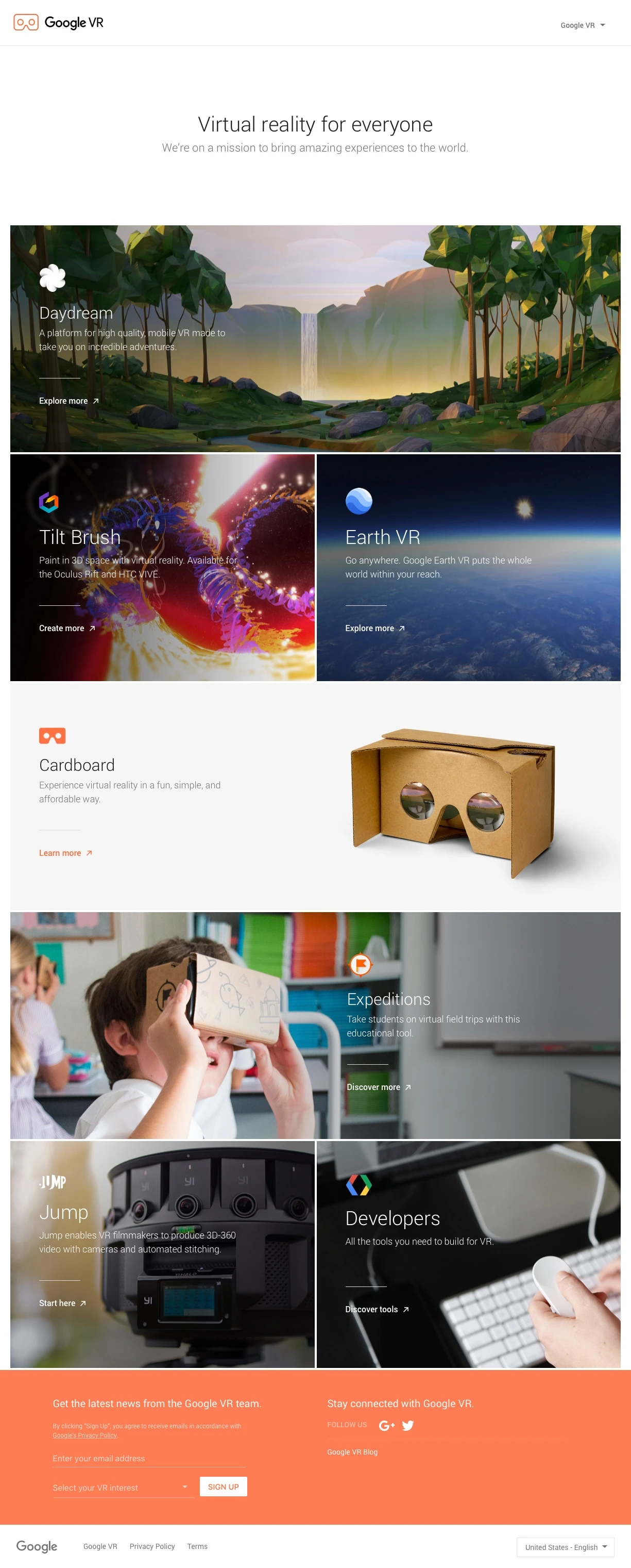 Google VR Landing Page Example: We’re on a mission to bring amazing virtual reality experiences to the world.