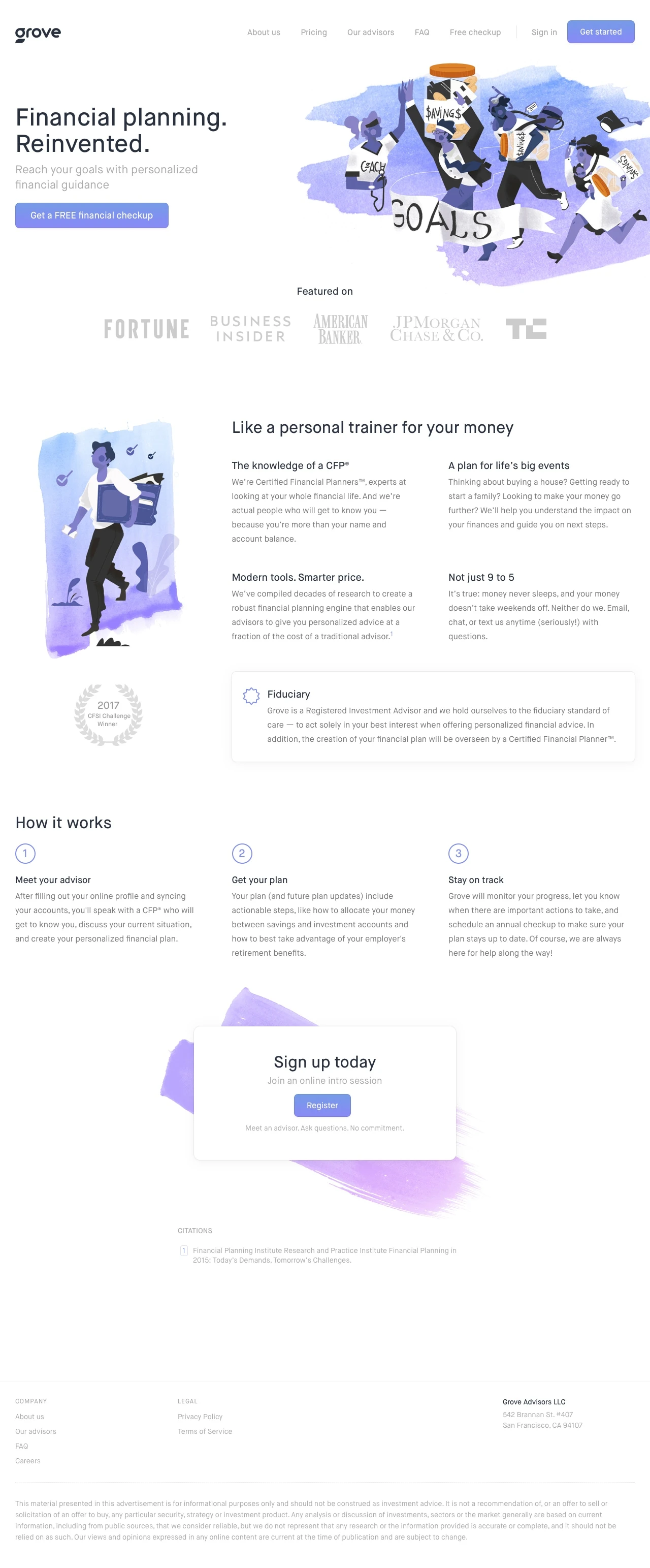 Grove Landing Page Example: Reach your goals with personalized financial guidance