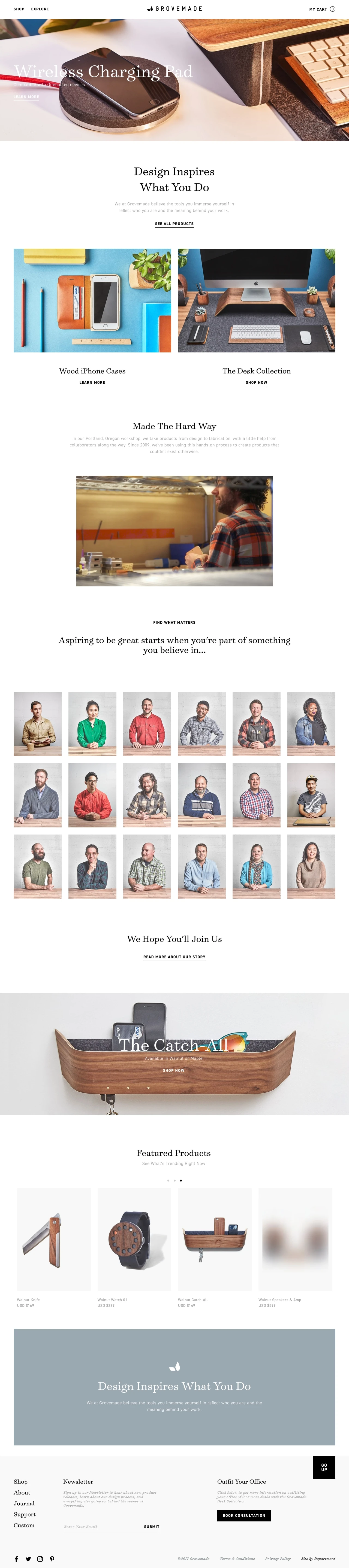 Grovemade Landing Page Example: We’re a small team dedicated to designing and crafting exceptional accessories for the home, desk, EDC, and Apple products in Portland, OR. We at Grovemade believe the tools you immerse yourself in reflect who you are and the meaning behind your work. 