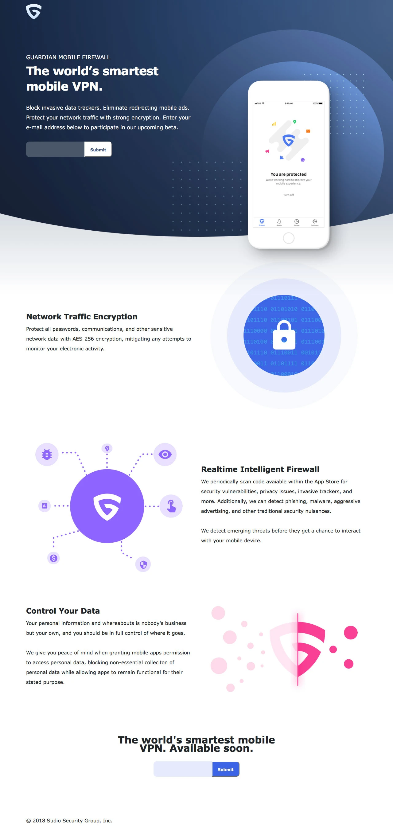 Guardian Mobile Firewall Landing Page Example: Block invasive data trackers. Eliminate redirecting mobile ads. Protect your network traffic with strong encryption. 