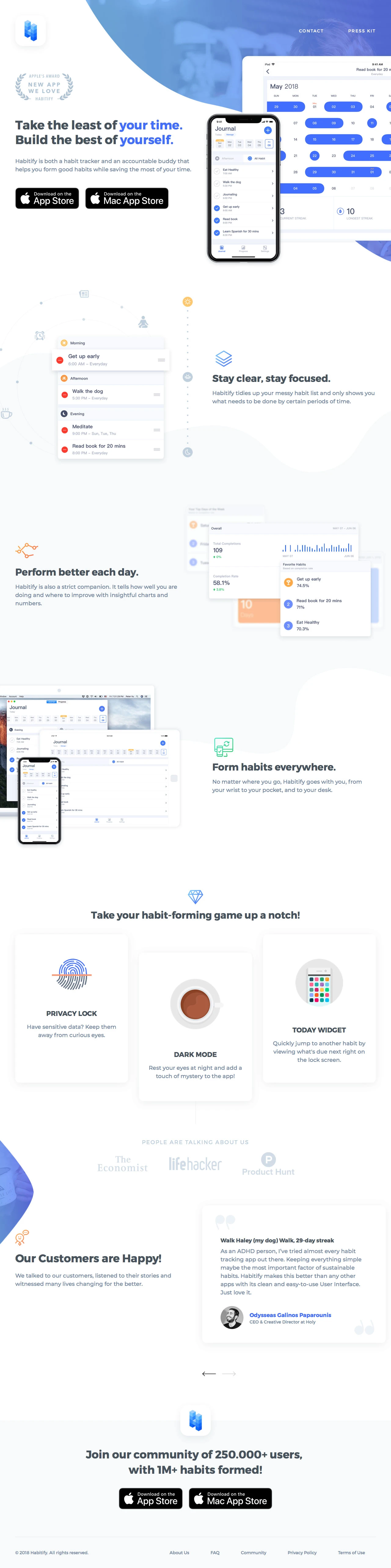 Habitify Landing Page Example: With Habitify, you can form and track good habits, goals and daily routines. Habitify's sleek and minimal interface saves your time and delivers a smooth experience across all Apple devices.