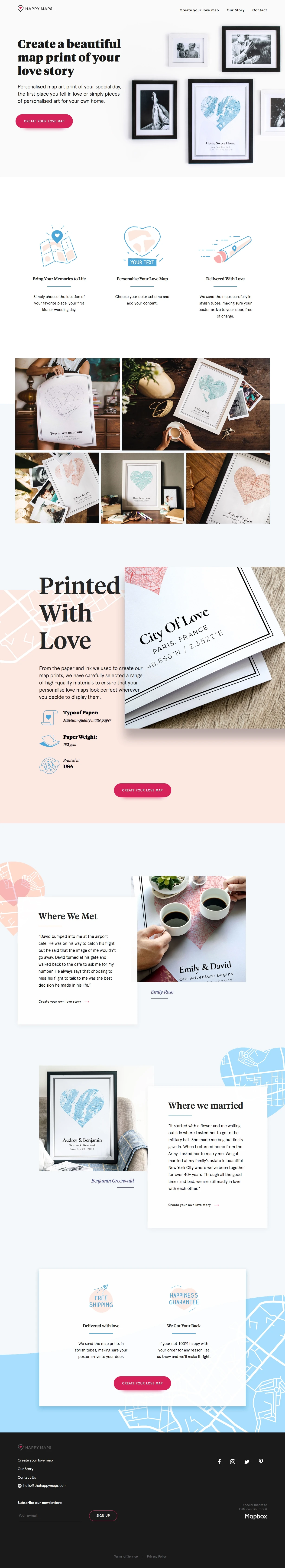 Happy Maps Landing Page Example: Personalised map art print of your special day, the first place you fell in love or simply pieces of personalised art for your own home.