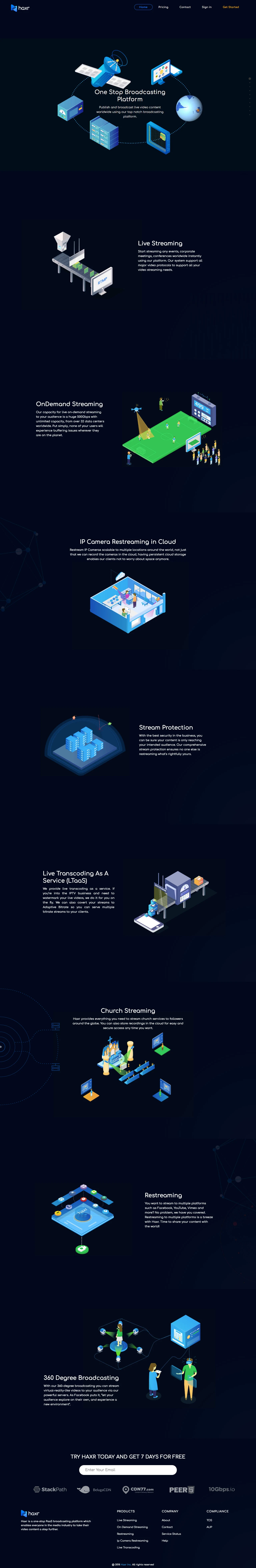 Haxr Landing Page Example: Publish and broadcast live video content worldwide using our top notch broadcasting platform.