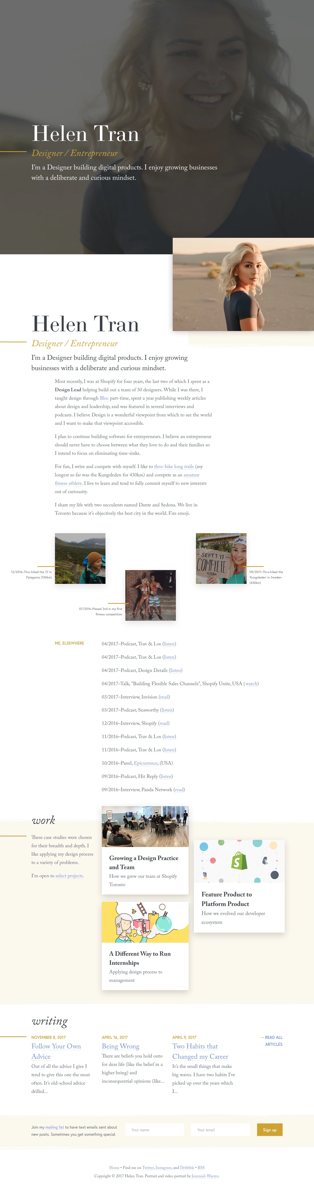 Helen Tran Landing Page Example: I’m a Designer building digital products. I enjoy growing businesses with a deliberate and curious mindset.