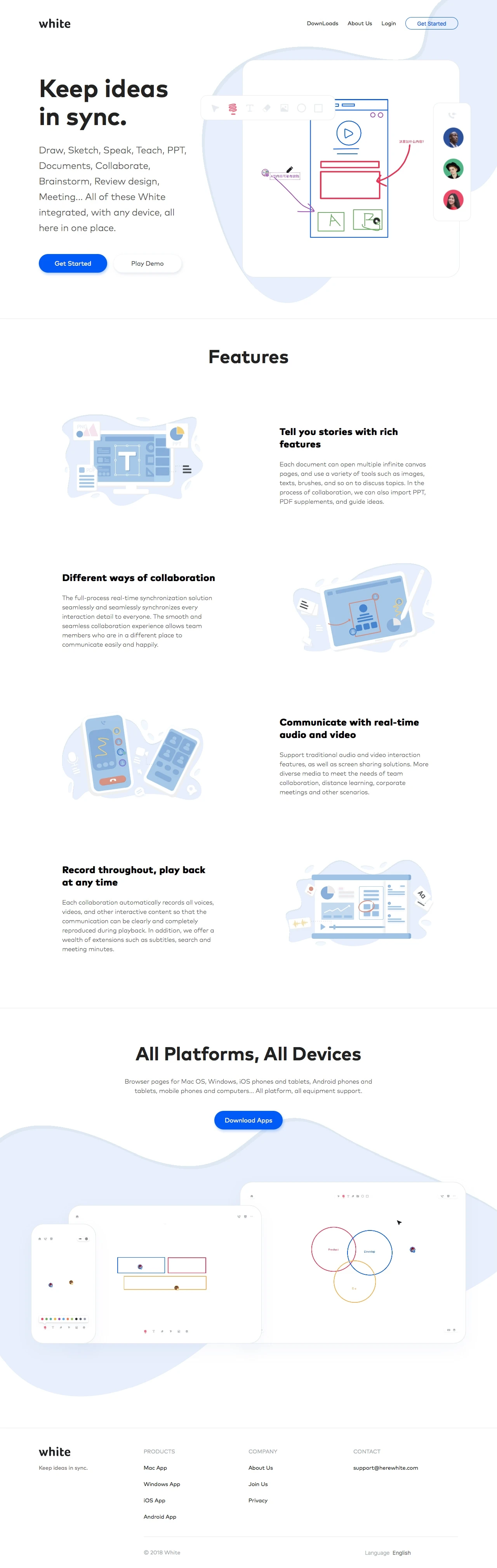White Landing Page Example: Draw, Sketch, Speak, Teach, PPT, Documents, Collaborate, Brainstorm, Review design, Meeting... All of these White integrated, with any device, all here in one place.