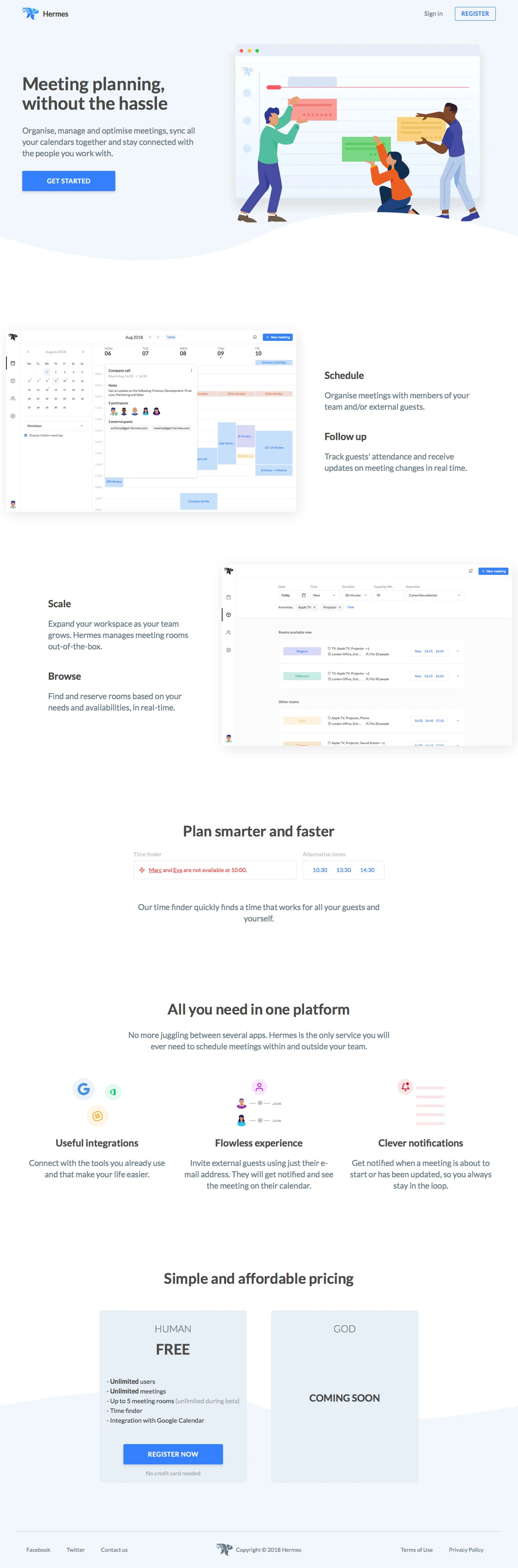 Hermes Landing Page Example: Hermes is a platform that reduces the time spent in planning meetings, manages your meeting rooms and boosts your team’s productivity regardless of your company size.