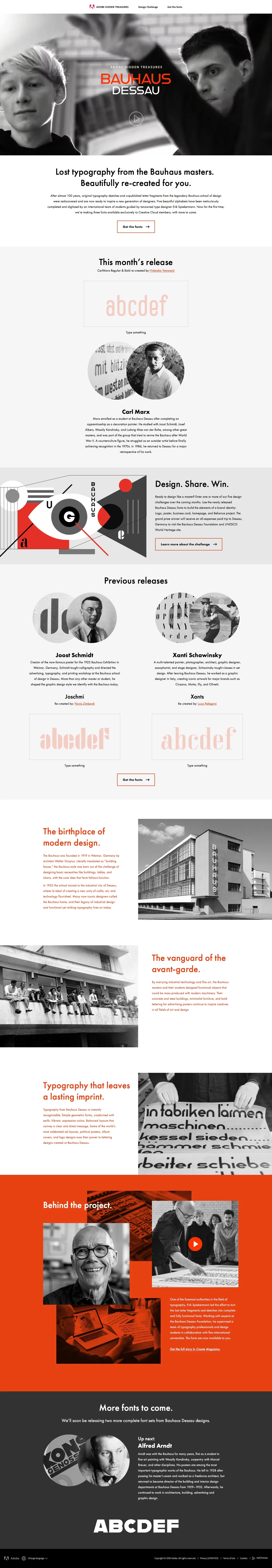 Adobe Hidden Treasures Landing Page Example: Learn how to get digitized fonts that were hidden for nearly 100 years in sketches & unpublished letter fragments from the legendary Bauhaus school of design.