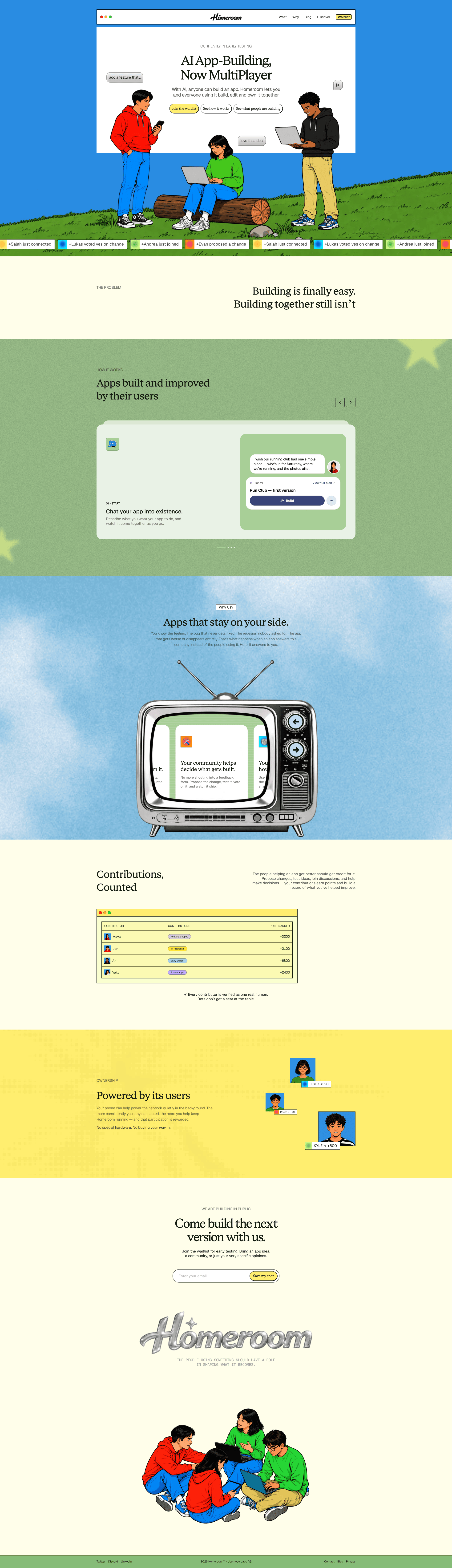 Homeroom Landing Page Example: Build by chatting. Then let the people who use your app suggest, vote, and help ship what comes next.