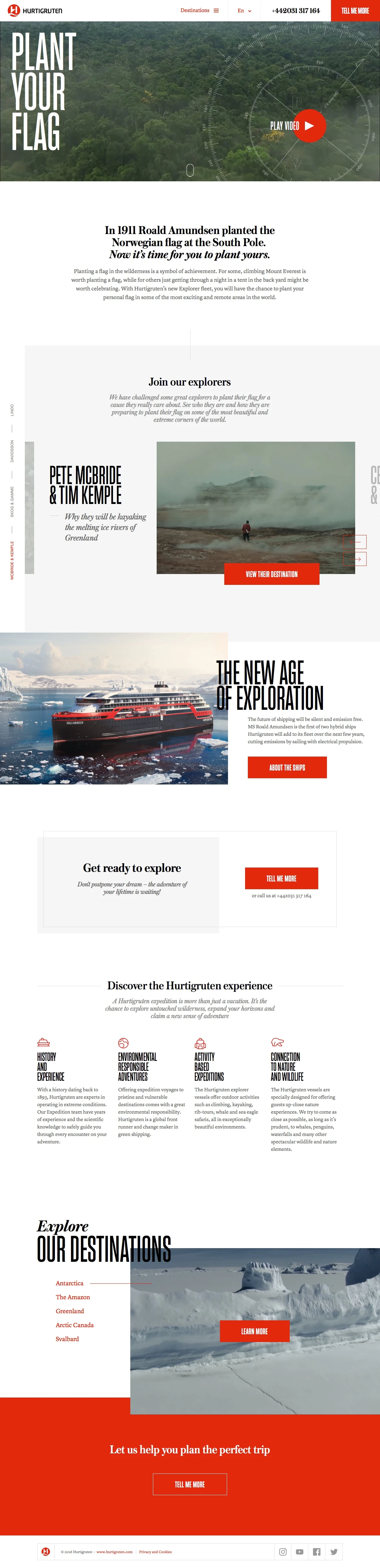 Hurtigruten Landing Page Example: Connect with your inner explorer and travel to the most exciting and remote areas in the world. The adventure of your lifetime is waiting!