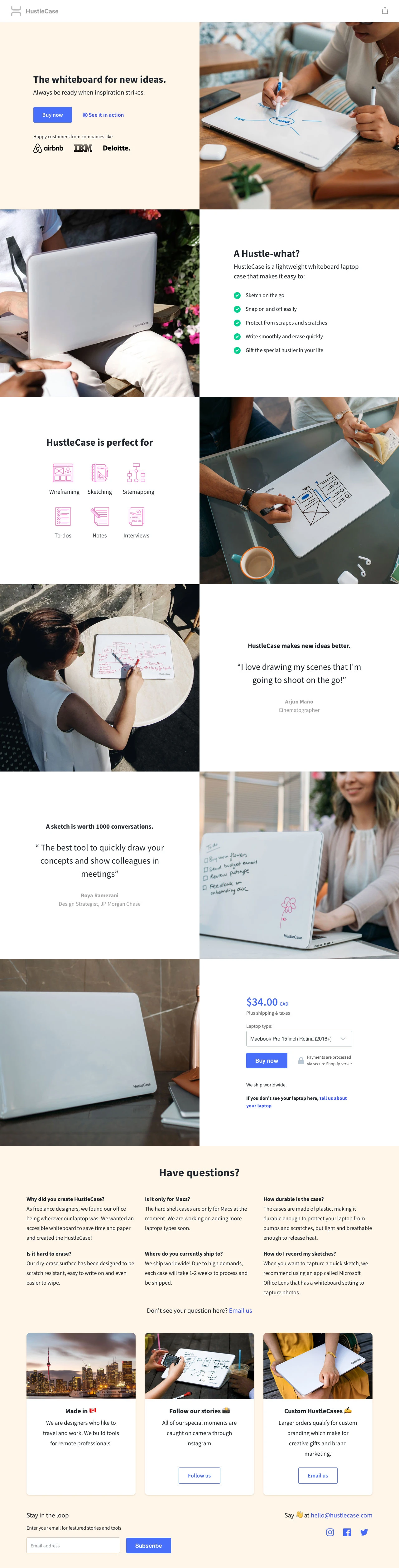HustleCase Landing Page Example: A whiteboard laptop cover for your ideas.