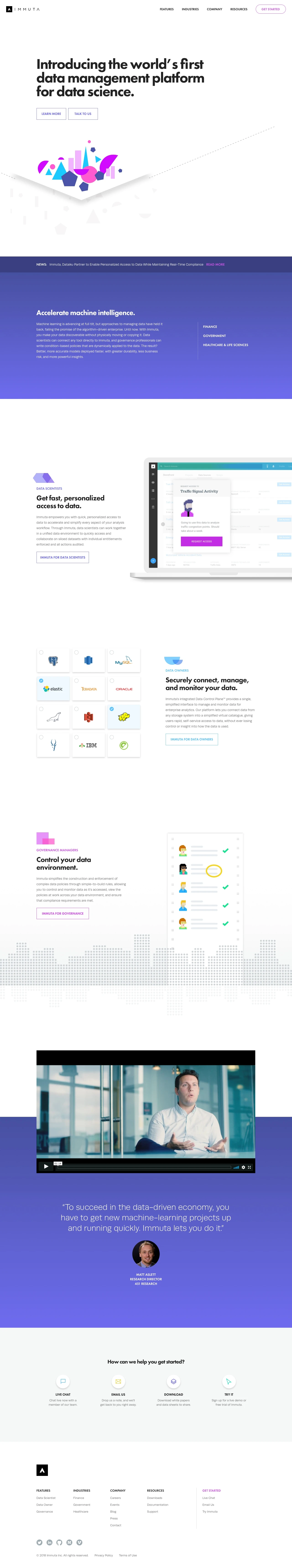 Immuta Landing Page Example: Introducing the world’s first data management platform for data science.
