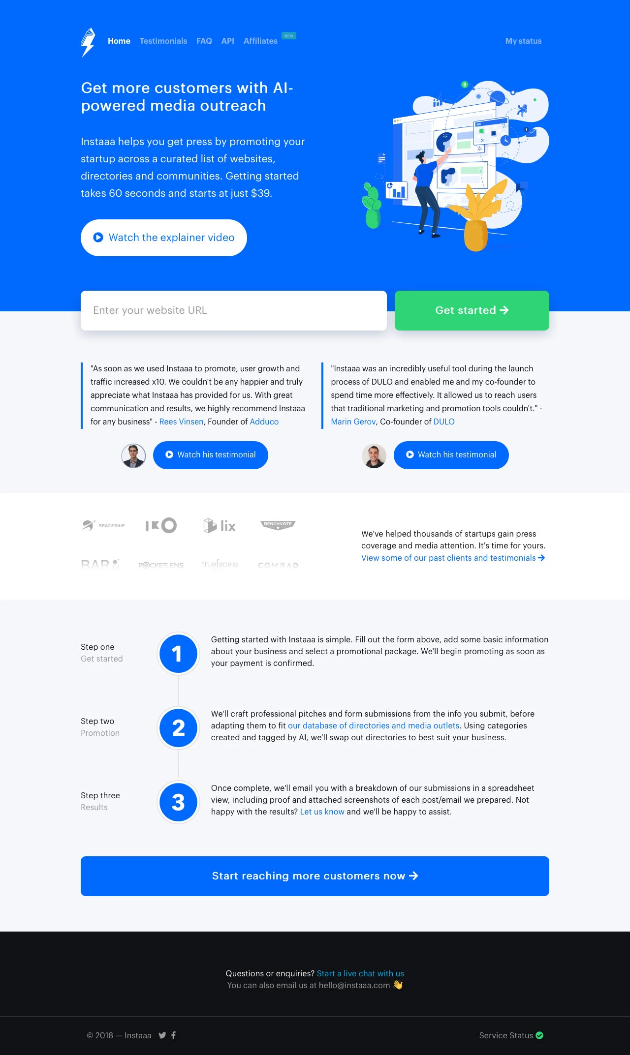 Instaaa Landing Page Example: Instaaa helps you get press by promoting your startup across a curated list of websites, directories and communities.