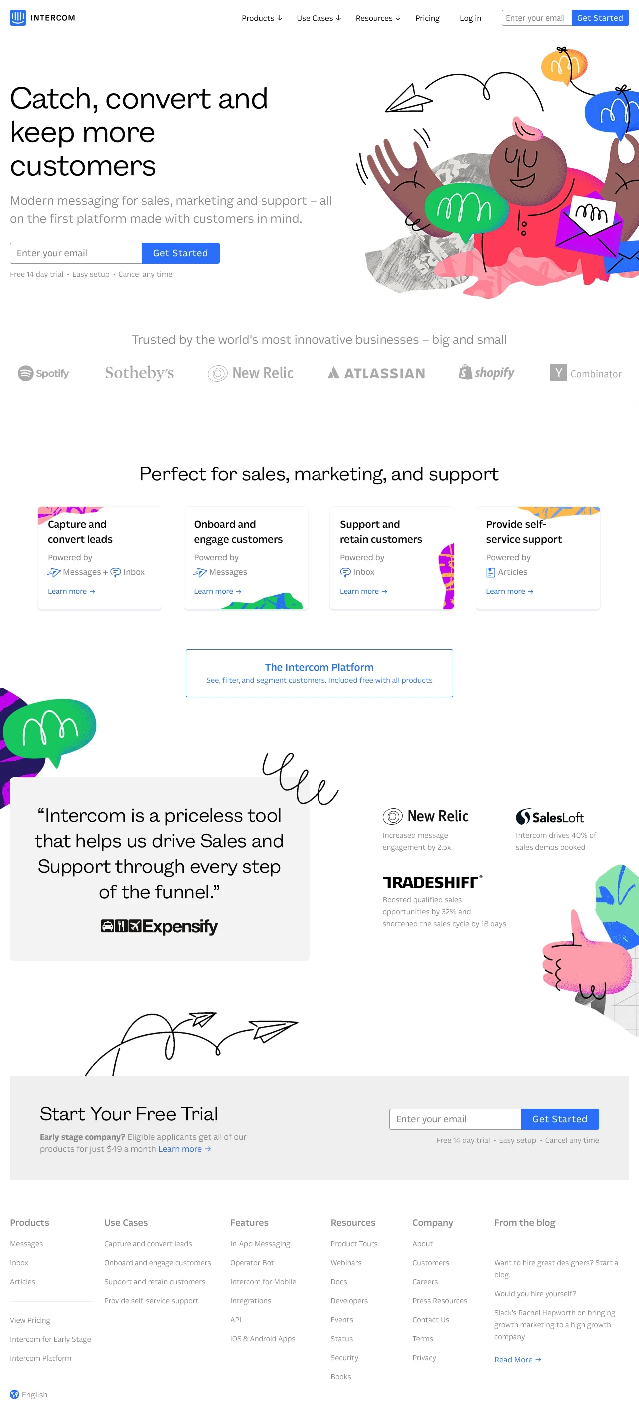 Intercom Landing Page Example: Modern messaging for sales, marketing and support – all on the first platform made with customers in mind.