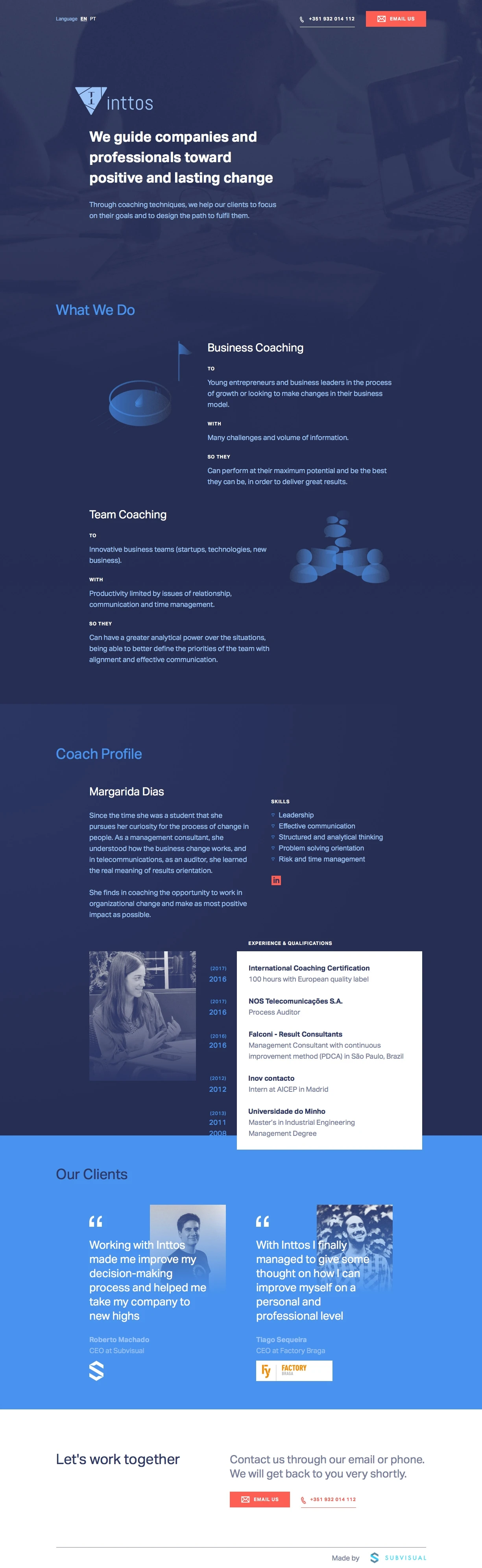 Inttos Landing Page Example: We guide companies and  professionals toward positive and lasting change