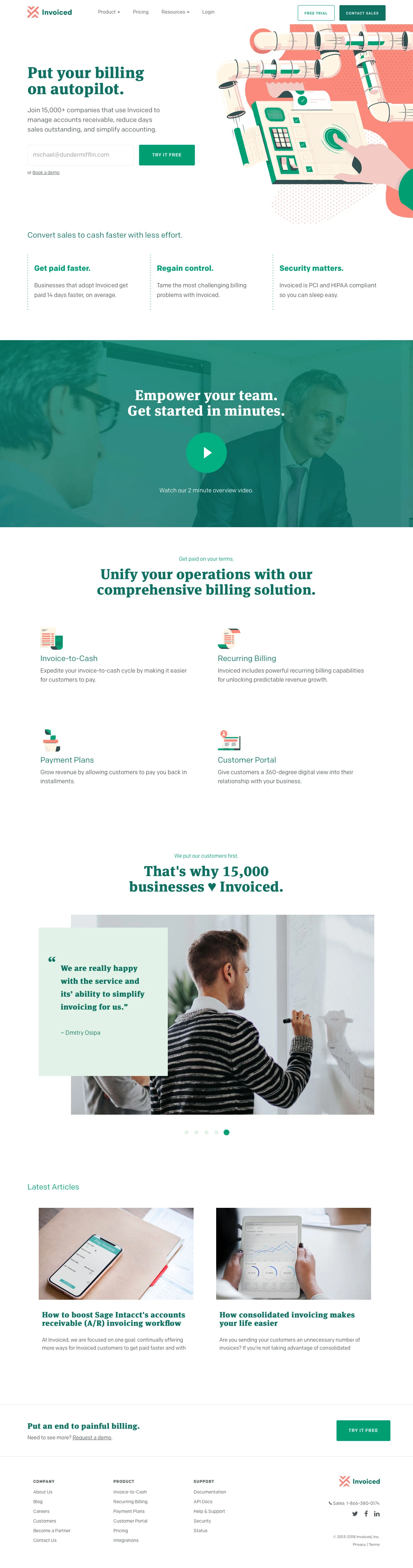 Invoiced Landing Page Example: Invoiced helps your business put accounts receivable on autopilot in order to get paid faster, reduce DSO, and streamline your billing process.