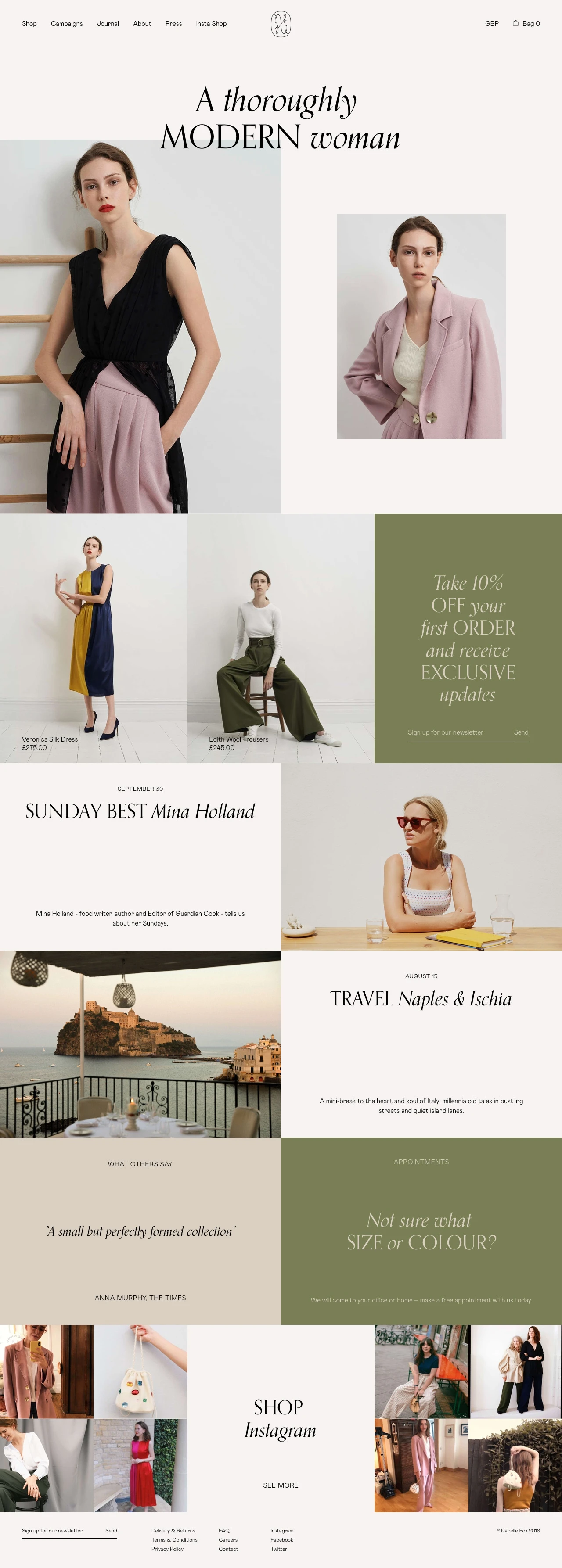 Isabelle Fox Landing Page Example: Uncomplicated sophistication for the modern woman. Made in England.