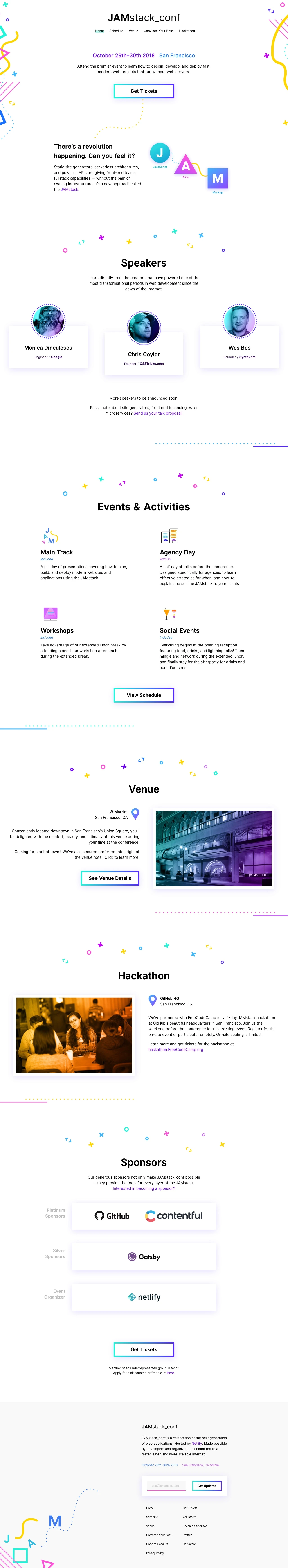 JAMstack Conf Landing Page Example: Full day conference in San Francisco for learning to design, develop, & deploy modern web projects without servers