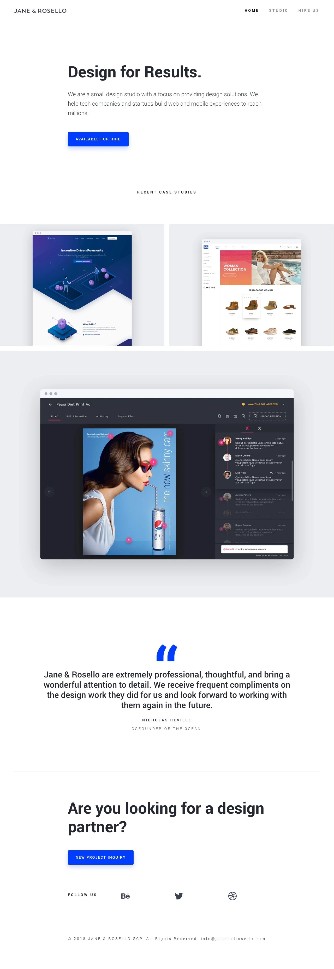Jane & Rosello Landing Page Example: We are a small design studio with a focus on providing design solutions. We help tech companies and startups build web and mobile experiences to reach millions.