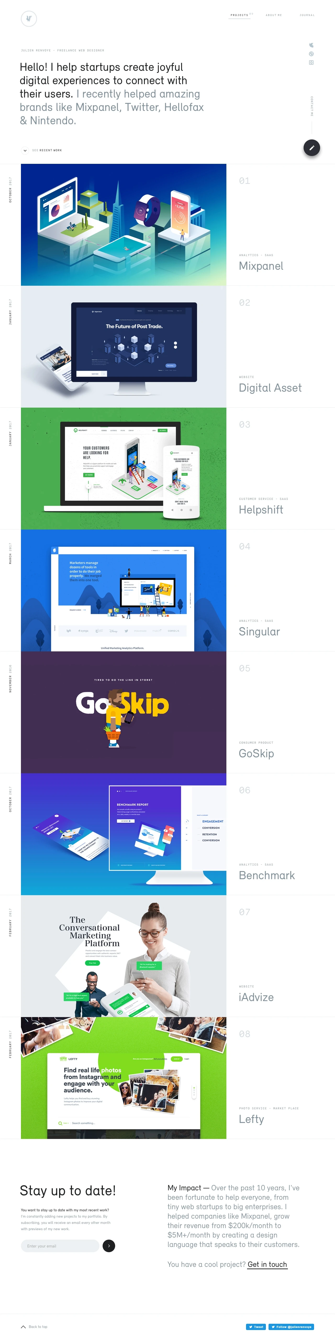 Julien Renvoye Landing Page Example: Hello! I help startups create joyful digital experiences to connect with their users.