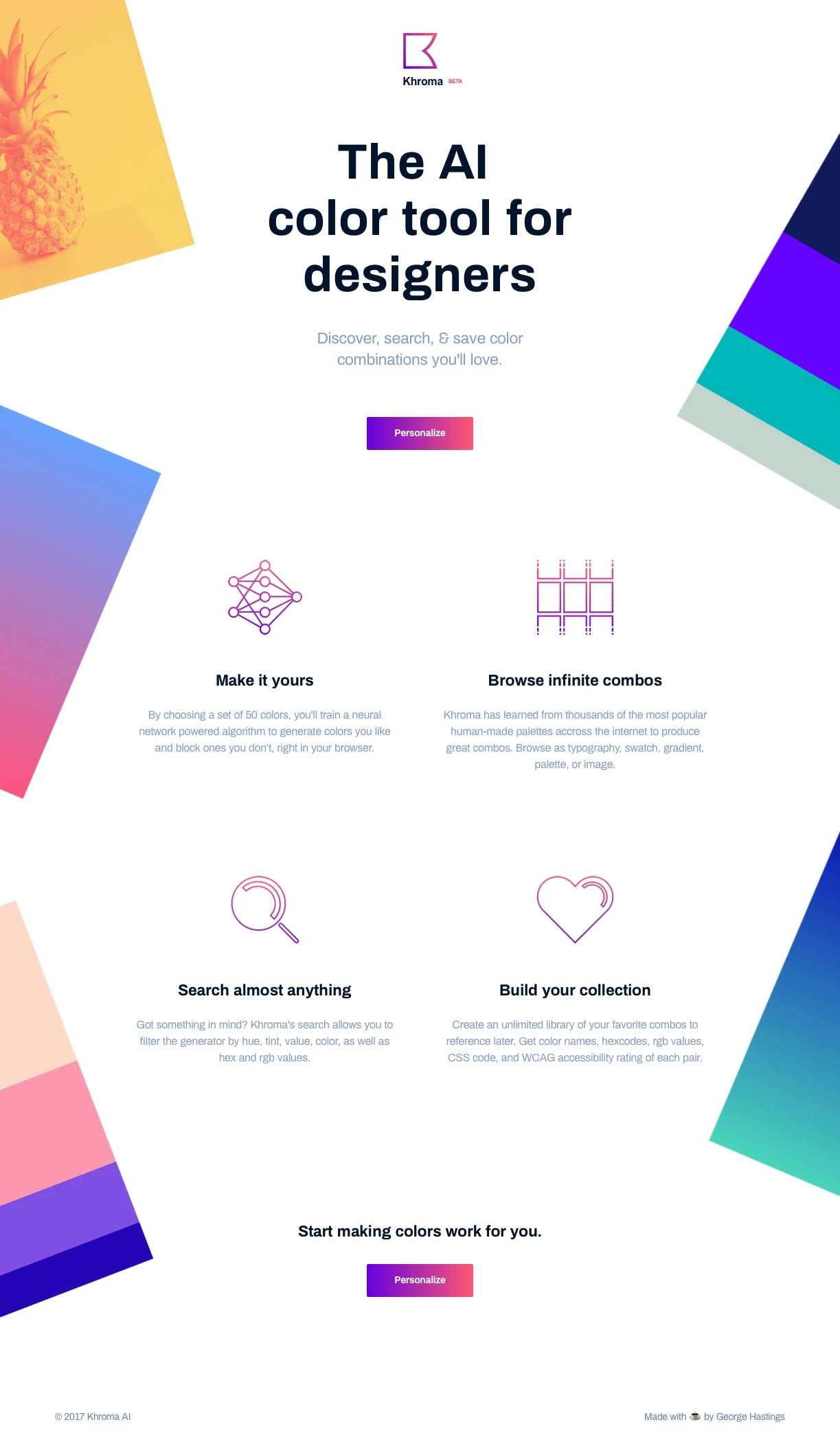 Khroma Landing Page Example: Khroma is the fastest way to discover, search, and save color combos you'll want to use.