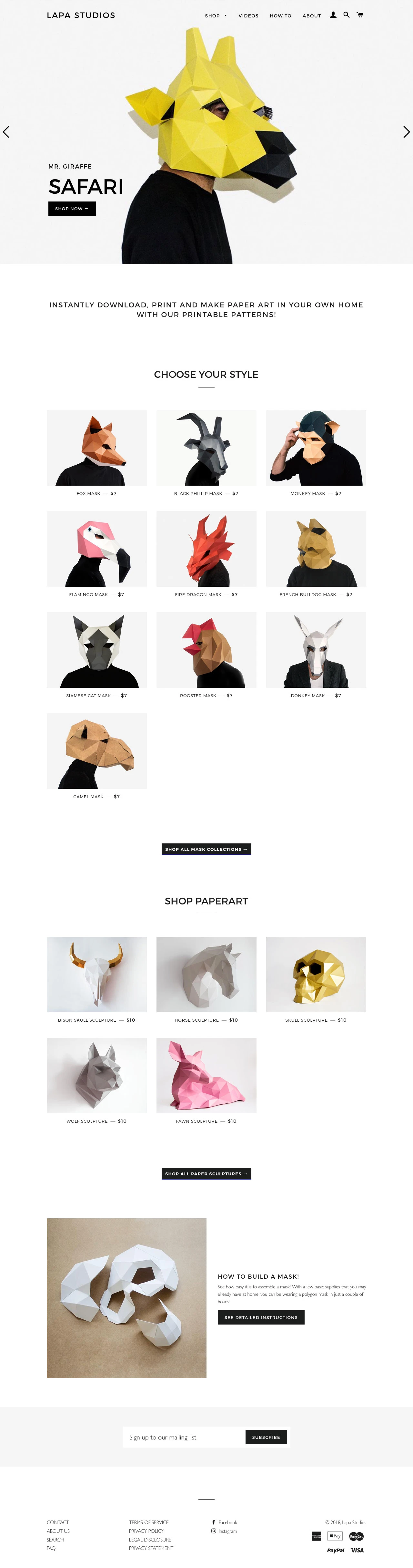 Lapa Studios Landing Page Example: LA. Paper Art, Animal Masks & Paper Masks made by you! DIY low-Poly animal masks for Halloween, Carnival, parties and weddings.