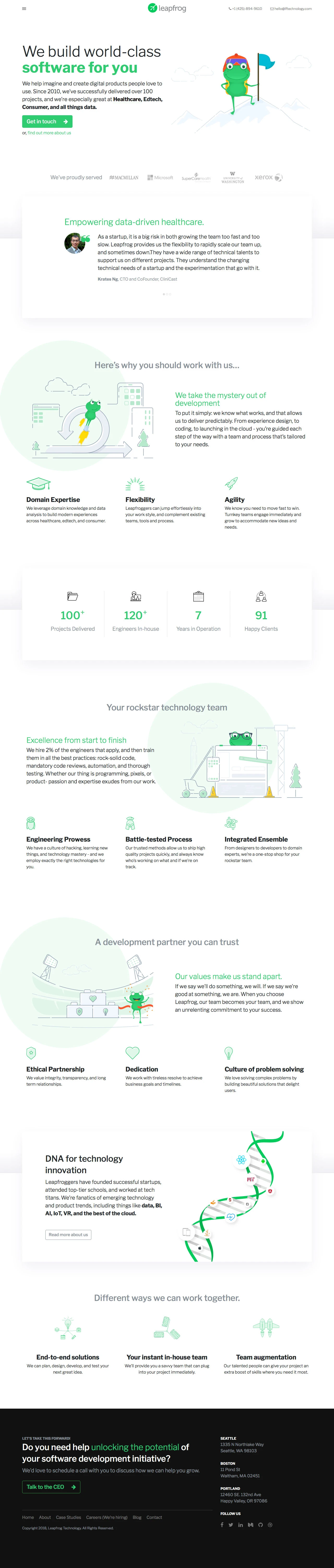 Leapfrog Landing Page Example: We build web and mobile apps. We develop amazing products and digital experience in Android, iOS, and Web. Offices in Seattle, Boston, and Portland.