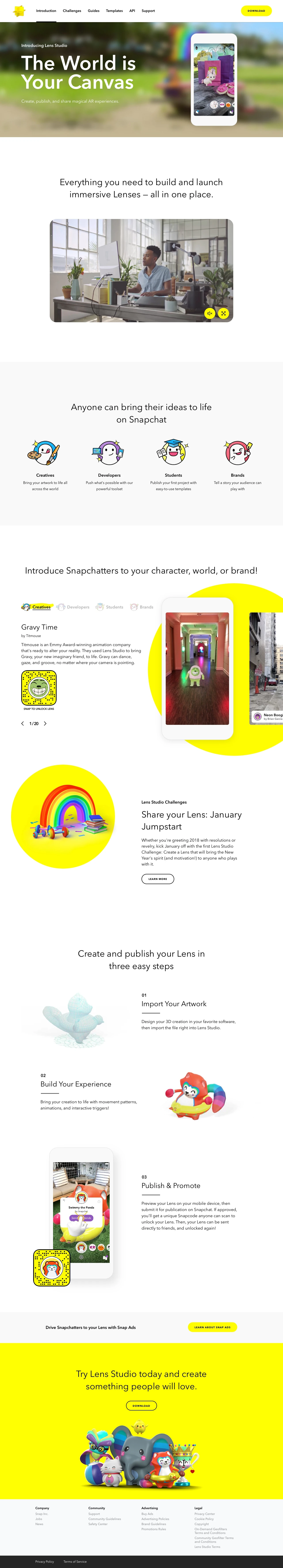 Lens Studio Landing Page Example: Create, publish, and share magical augmented reality experiences with Lens Studio for Windows and Mac.