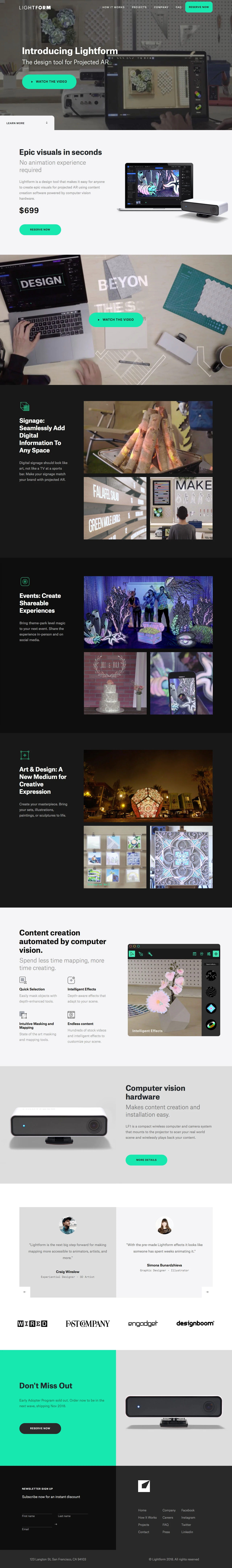 Lightform Landing Page Example: Lightform is a new design tool for projected augmented reality. Now anyone can create projected AR experiences