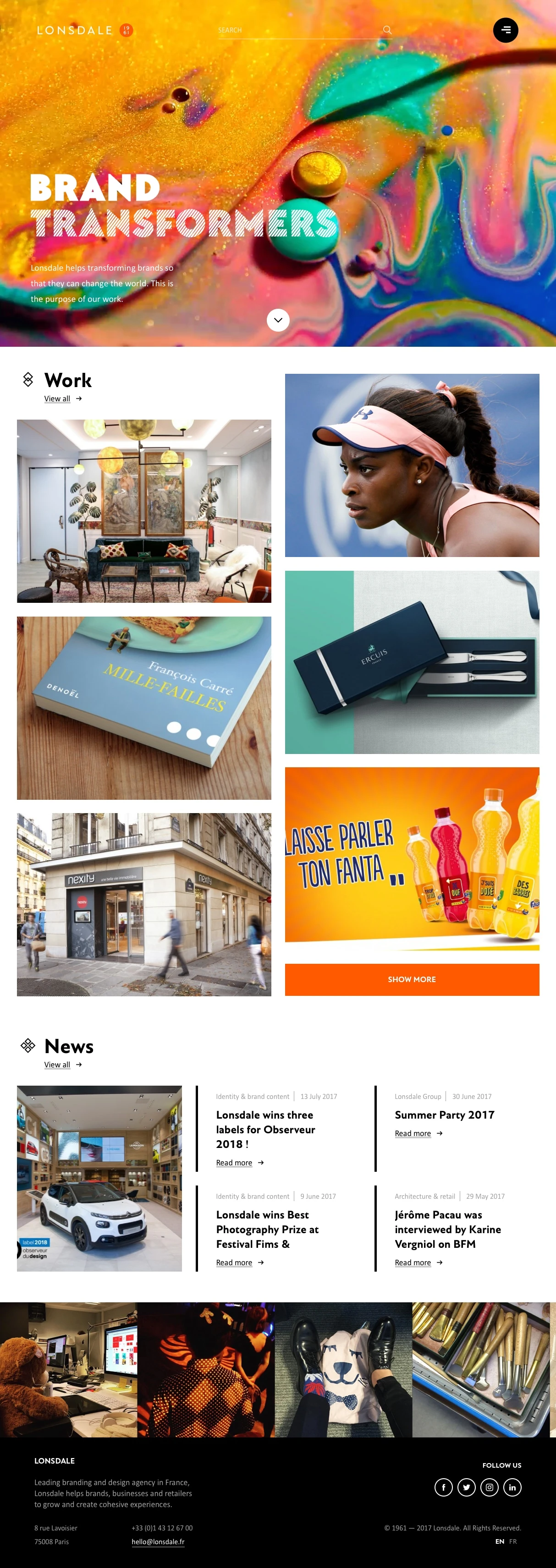 Lonsdale Landing Page Example: Lonsdale helps transforming brands so that they can change the world. This is the purpose of our work.