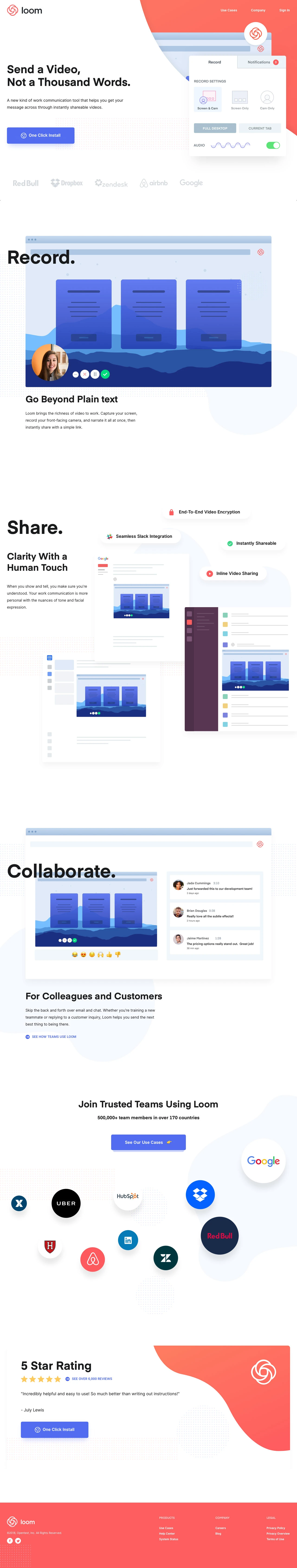 Loom Landing Page Example: Easy and free screen recorder for Mac, Windows, and Chromebooks. Record your camera and screen with audio directly from your Chrome browser and share the video with your team, friends, and family.