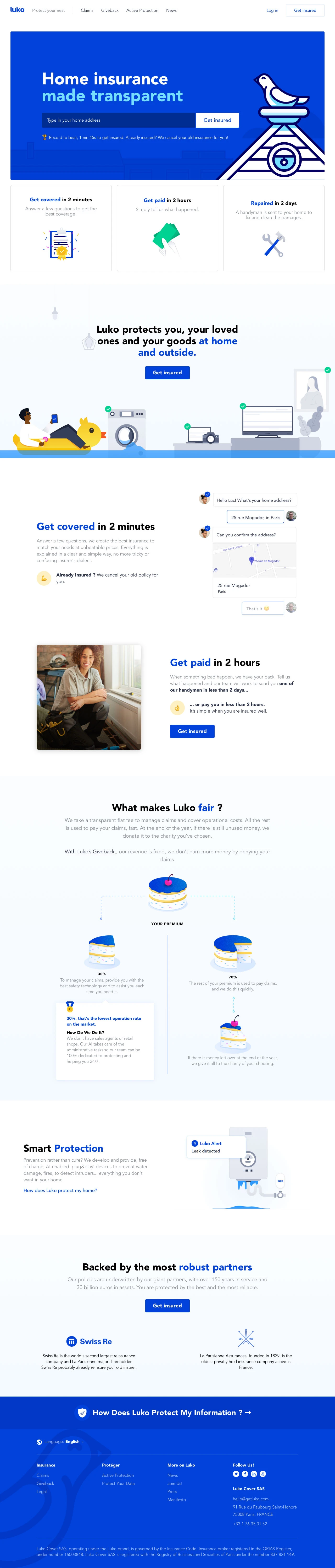 Luko Landing Page Example: Luko protects you, your loved ones and your goods at home and outside.