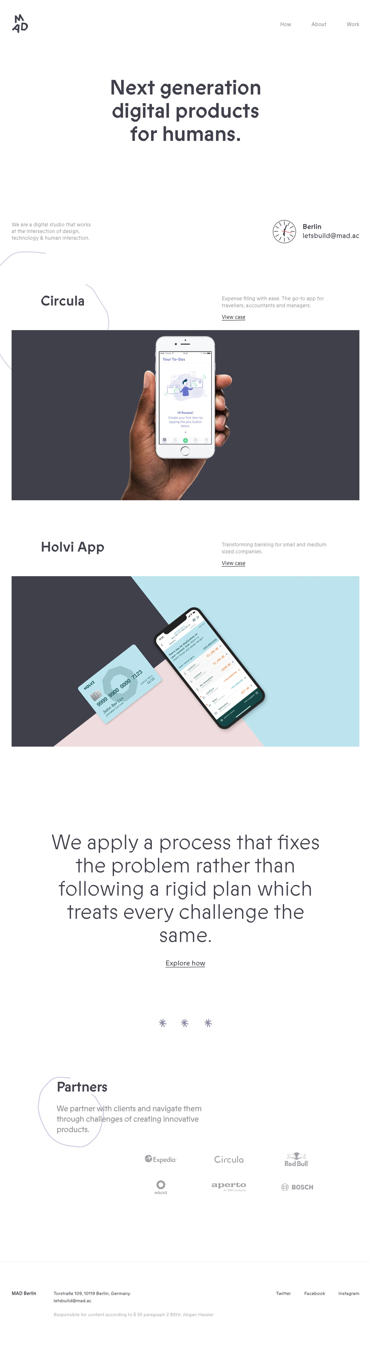 MAD Landing Page Example: We are a digital studio that works at the intersection of design, technology & human interaction.