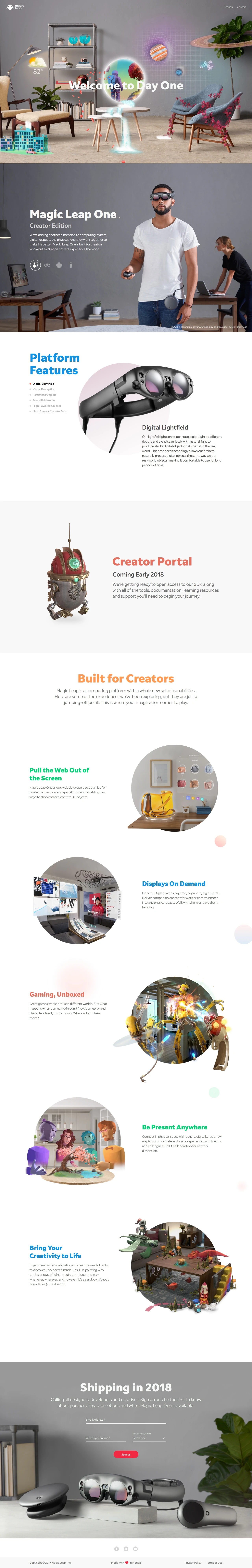 Magic Leap Landing Page Example: This is Magic Leap. We’re adding another dimension to computing where digital respects the physical. First stop: Magic Leap One.