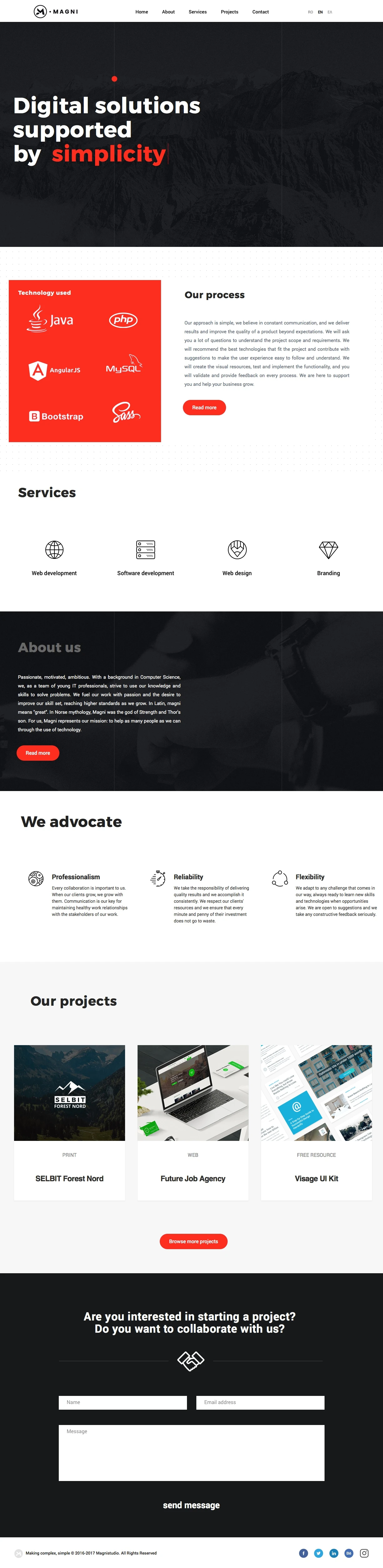 Magni Landing Page Example: We aspire to create engaging, top-notch software and designs. Get in touch with us to discuss the needs of your business and develop a custom-made solution.