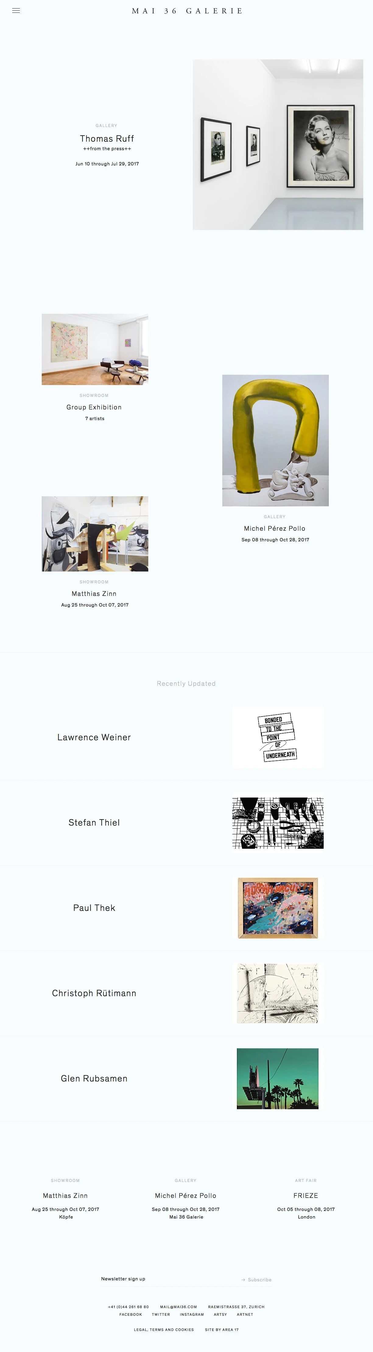 Mai 36 Galerie Landing Page Example: International contemporary art gallery, established 1987, based in Zurich. Mai 36 Galerie focuses on trading and presenting international contemporary art (painting, drawing, sculpture, photography, video, film and installation).