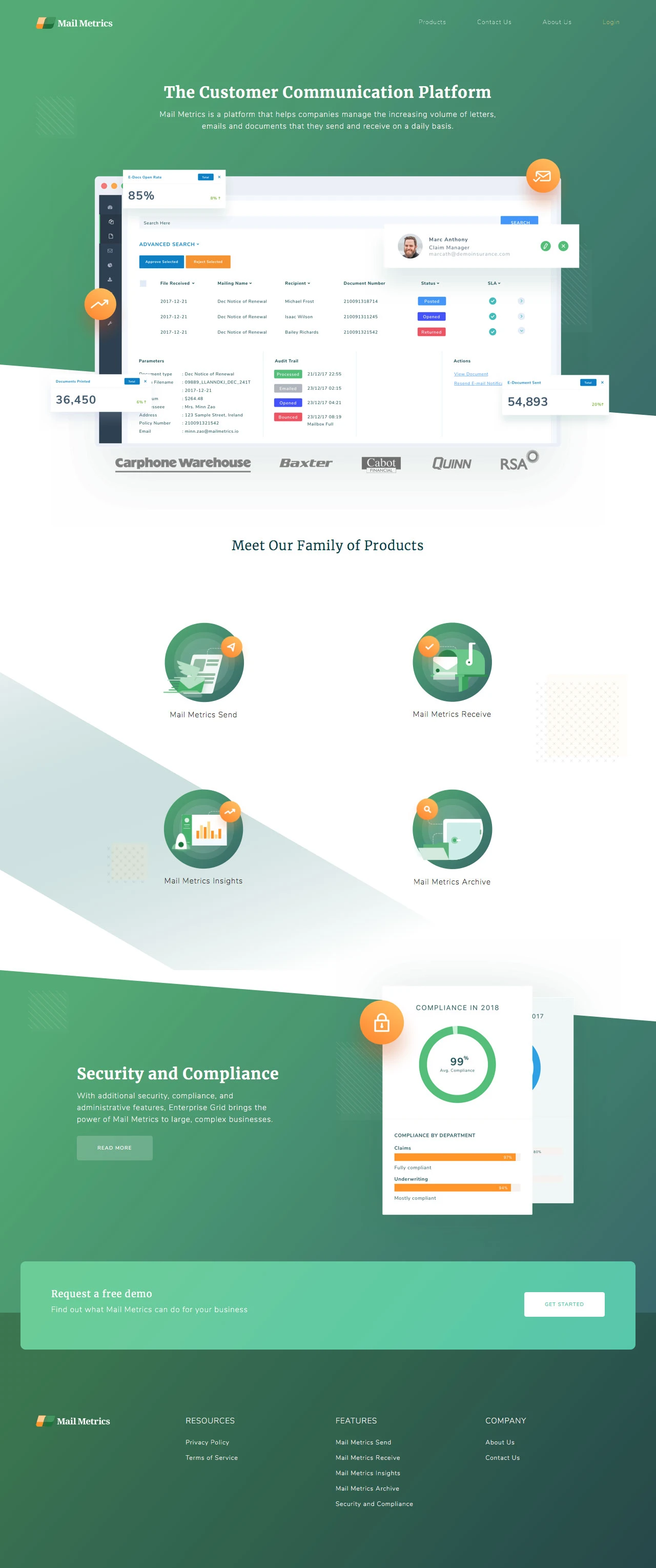 Mail Metrics Landing Page Example: Mail Metrics is a platform that helps companies manage the increasing volume of letters, emails and documents that they send and receive on a daily basis.