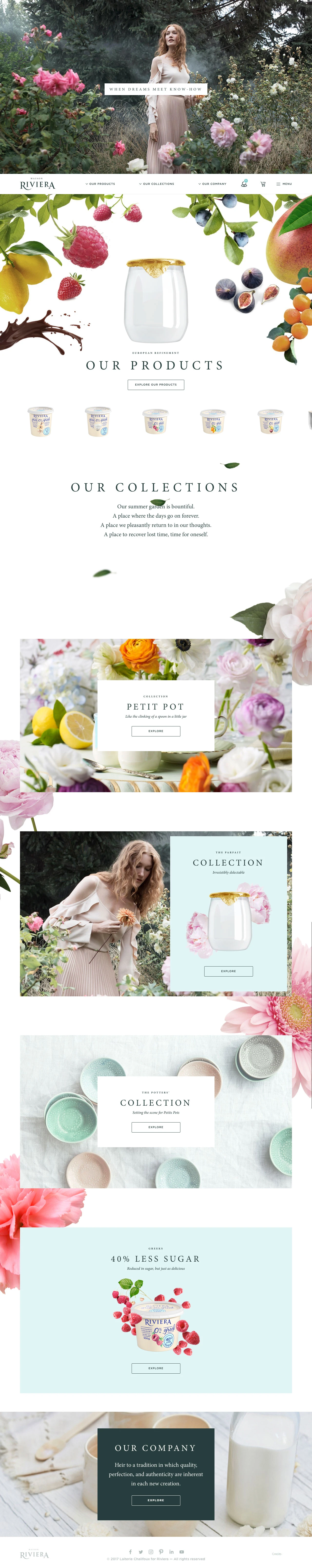 Maison Riviera Landing Page Example: Maison Riviera, when dreams meet know-how. Discover the pleasure of good food with our yogourt, cream, french-style fresh cheeses, butter and speciality cheeses. Maison Riviera offers a great variety of goat milk, cow milk, organic, reduced in sugar and GMO-Free products.