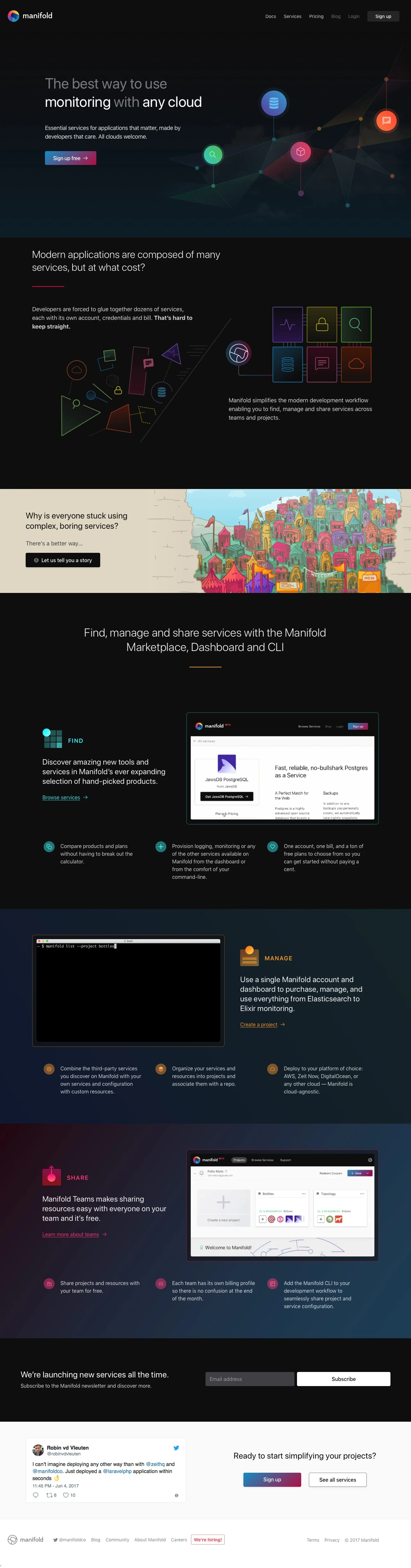 Manifold Landing Page Example: Find, buy, and manage essential services for applications that matter. By developers, for developers. All clouds welcome.