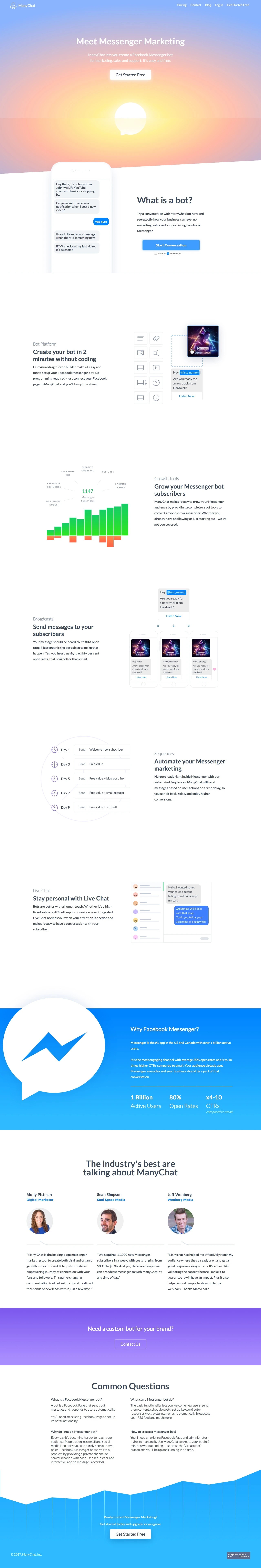 ManyChat Landing Page Example: ManyChat lets you create a Facebook Messenger bot for marketing, sales and support. It's easy and free.