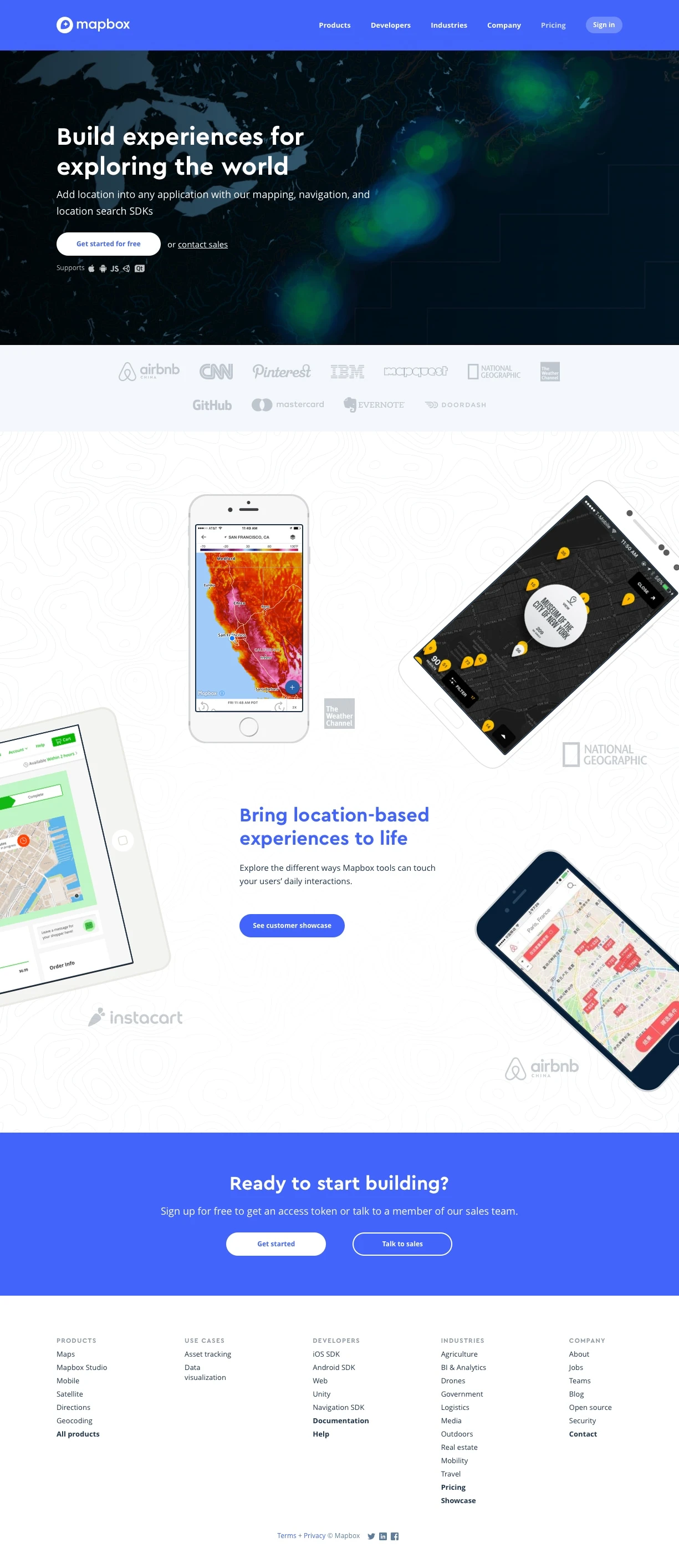 Mapbox Landing Page Example: An open source mapping platform for custom designed maps. Our APIs and SDKs are the building blocks to integrate location into any mobile or web app.